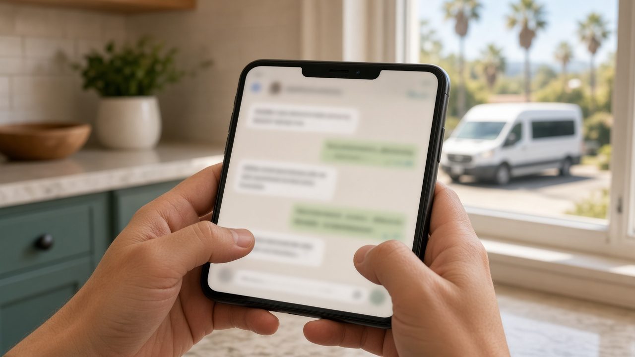 Homeowner holding a phone with an AI assistant chat while a service van is parked outside