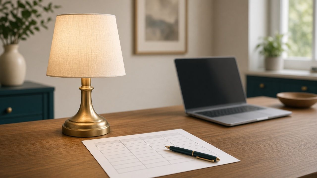 Brass desk lamp lighting a blank scorecard and pen on a wooden desk beside a laptop
