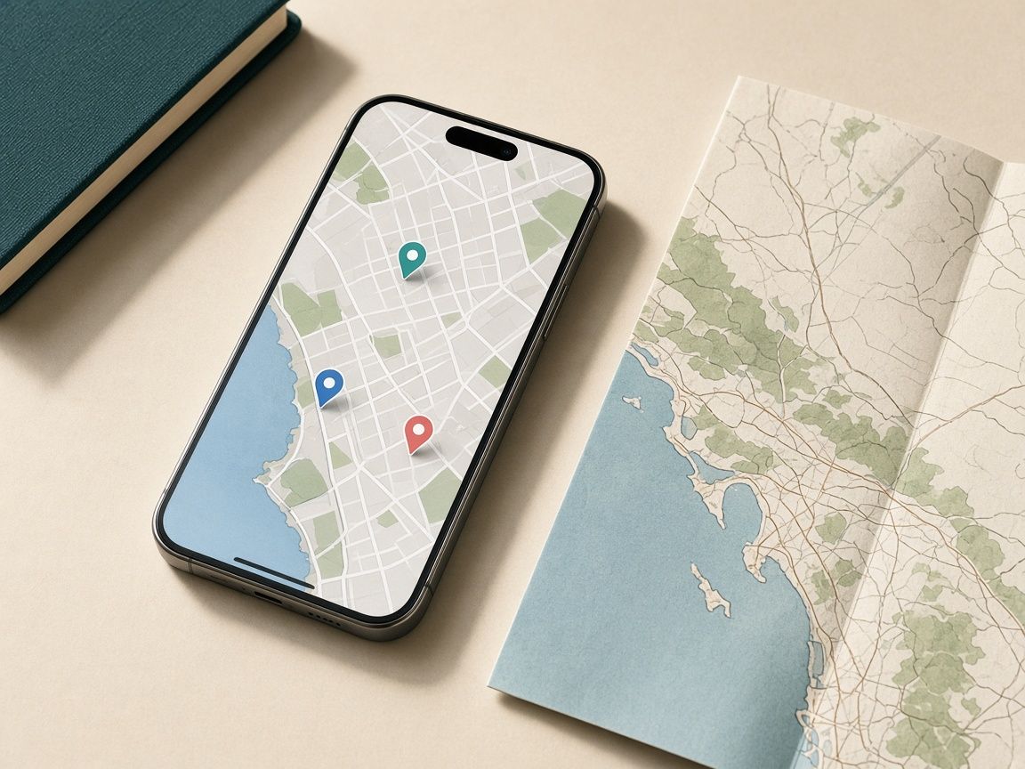Phone showing a local map with business pins beside a coastal paper map