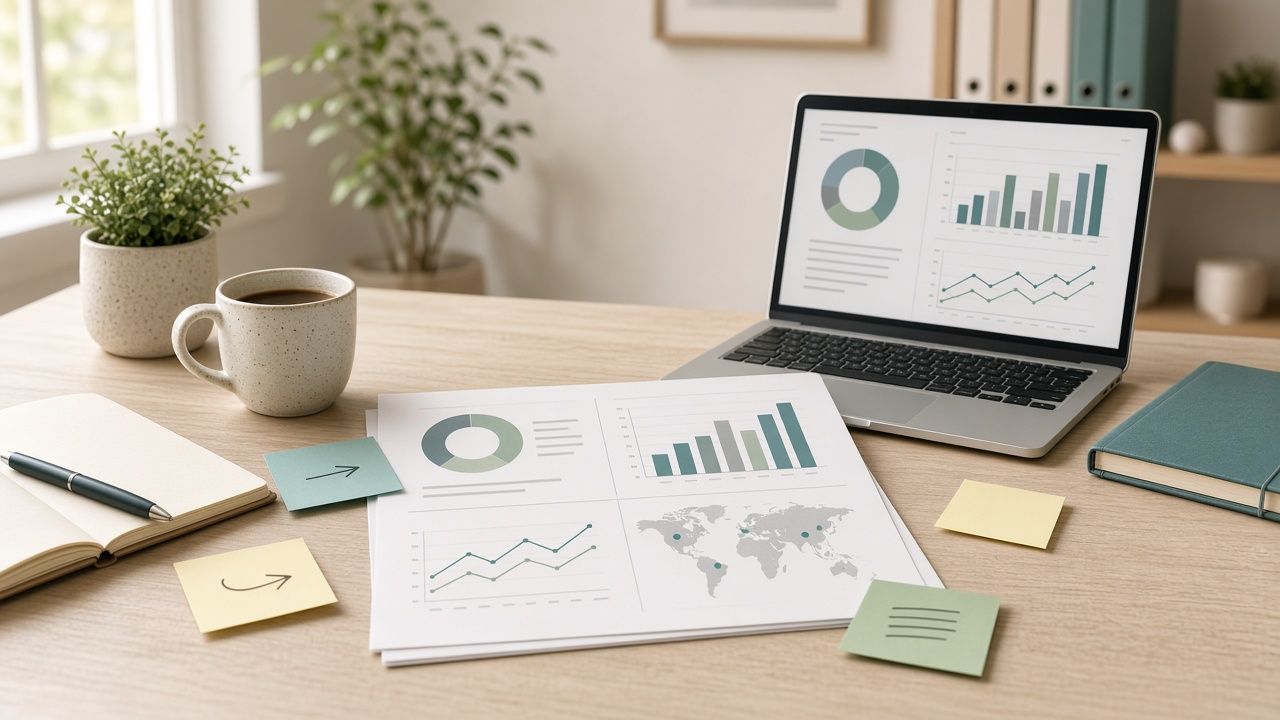 Consulting desk with a marketing plan, charts, and notes