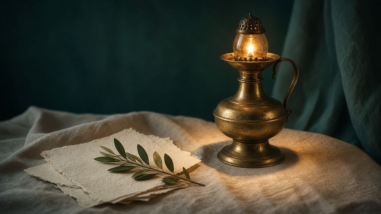 Warm table lamp glowing in a quiet still life